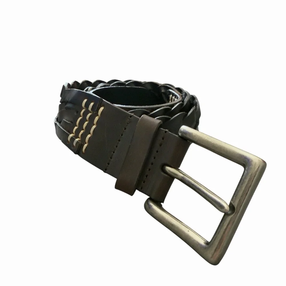 Men's Genuine‎ Leather Braided Belt Dark Brown Size 42 Vintage Style Buckle